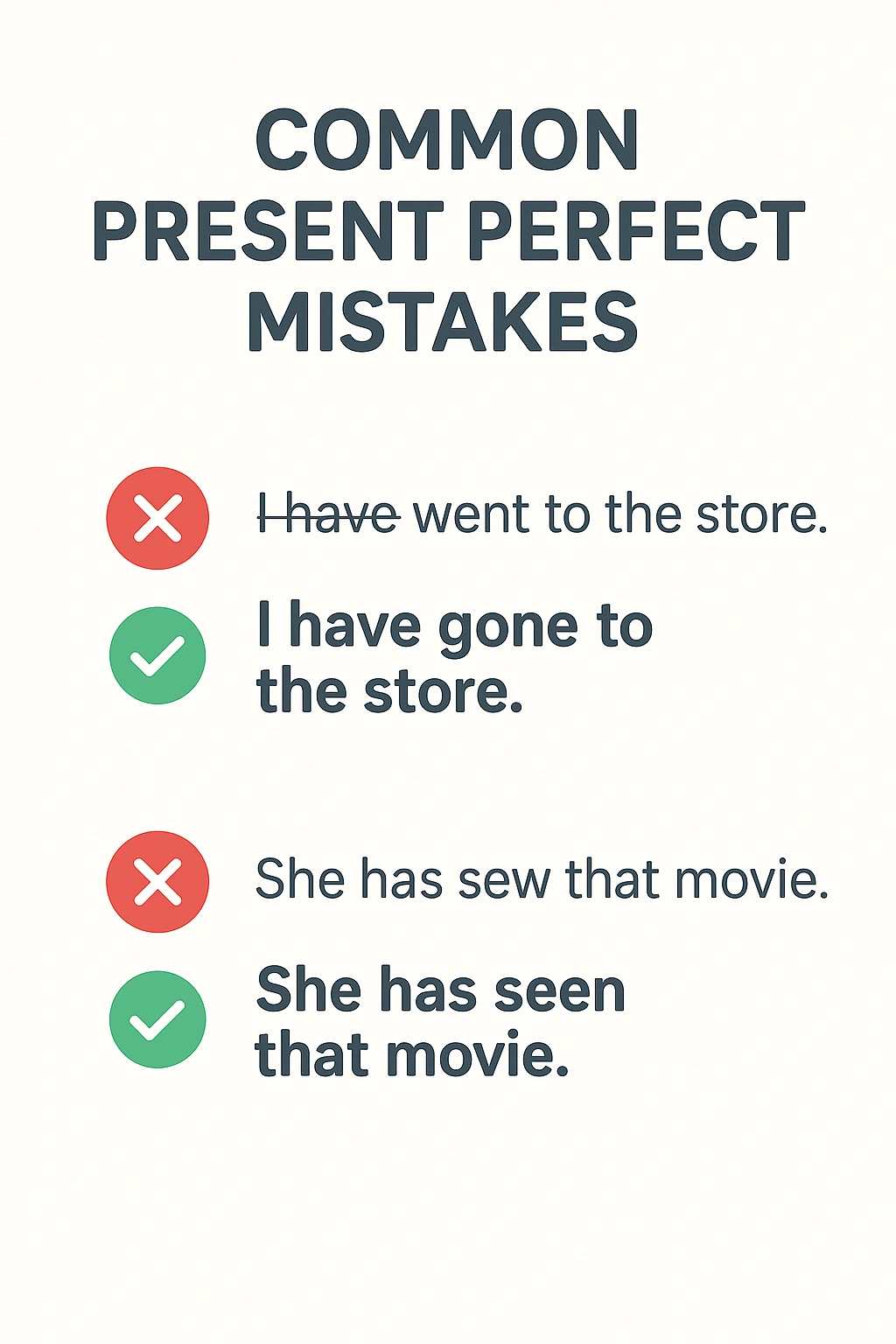 Common present perfect tense mistakes and corrections